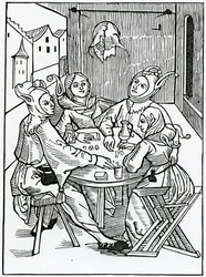 Di giocatori di carte e dadi, illustrazione dalla traduzione inglese di Alexander Barclay di 